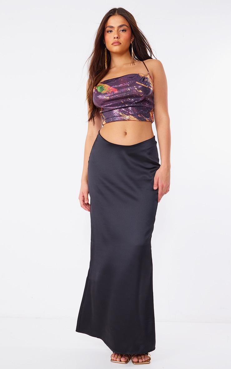 Black Printed Sequin Cowl Neck Crop Top Product Image