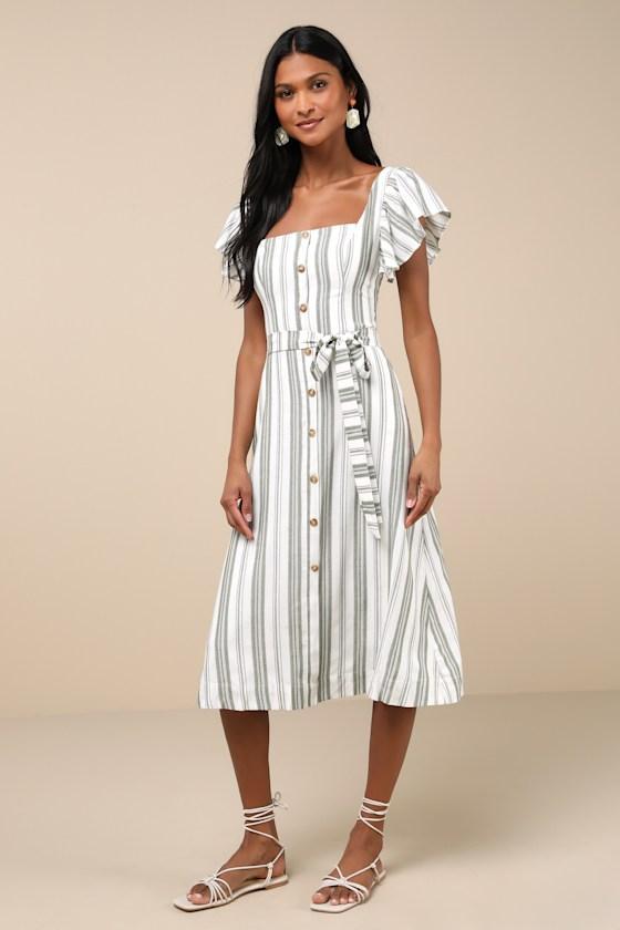 Mediterranean Moves Olive Striped Flutter Sleeve Midi Dress Product Image