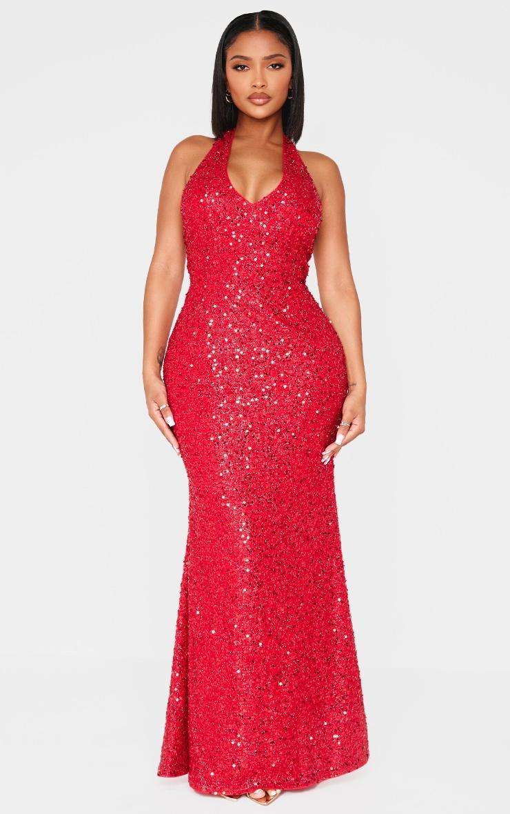 Shape Red Sequin Halter Neck Deep Plunge Maxi Dress Product Image