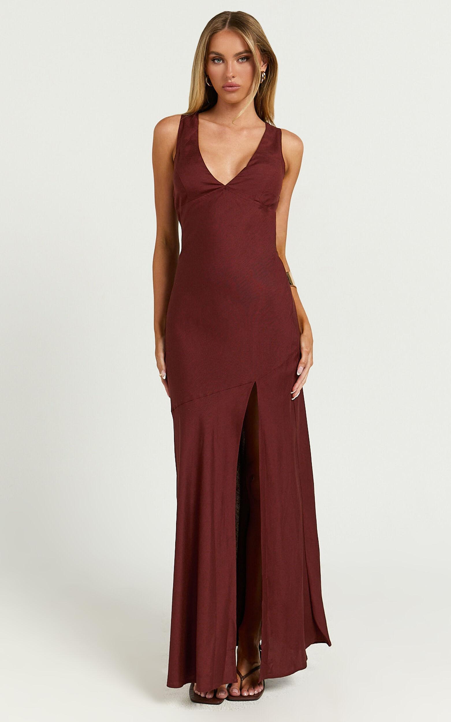 Adalita Midi Dress - V Neck Cowl Back Bias Cut Dress in Chocolate Product Image