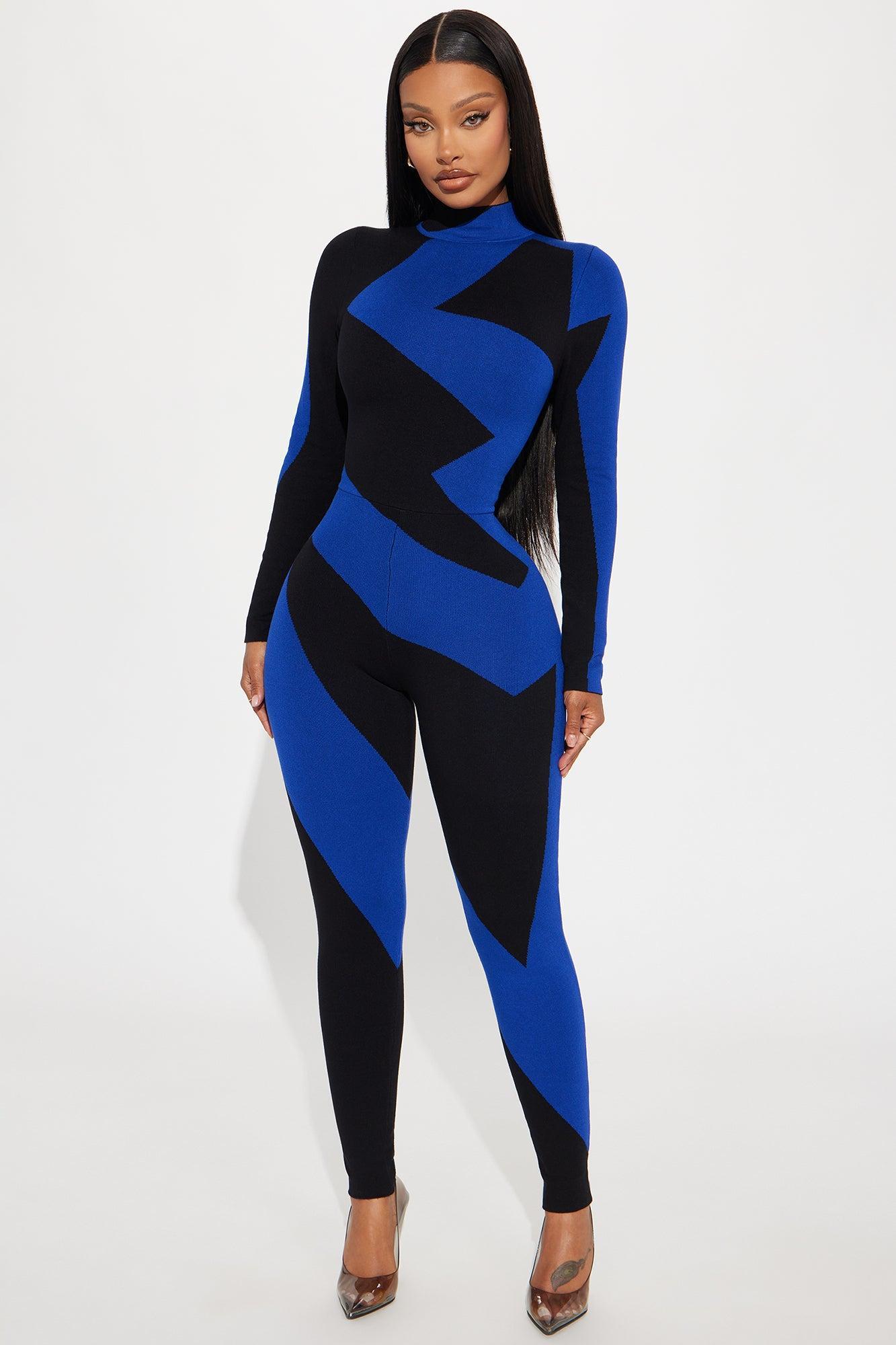 Abstract Long Sleeve Sweater Jumpsuit - Royal/combo Product Image