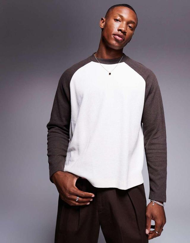 ASOS DESIGN oversized boxy long sleeve raglan t-shirt in cream and brown Product Image