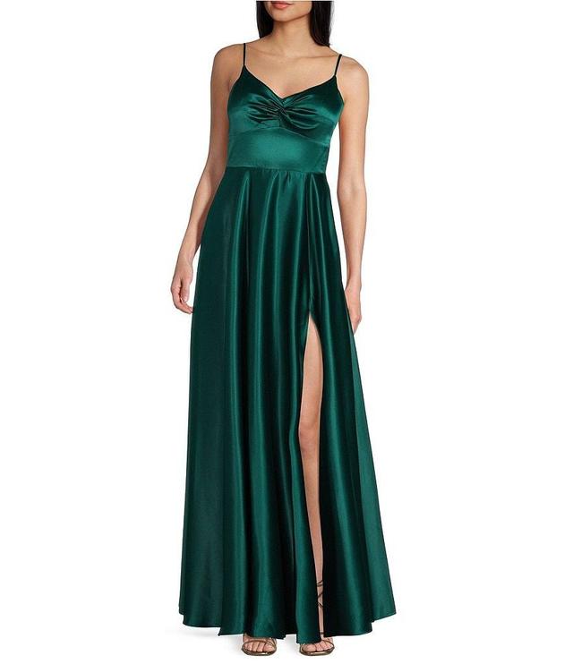 Next Up Spaghetti Strap V-Neck Front Slit Long Full Skirt Dress Product Image