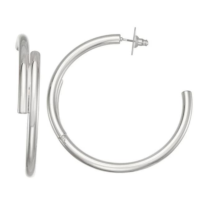 Nine West Silver Tone Bypass Tube Hoop Earrings, Womens Product Image