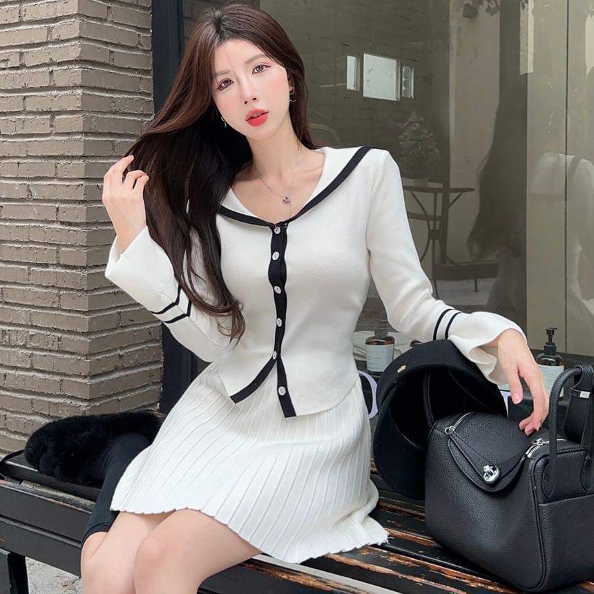 Set: Long-Sleeve Collar Two Tone Button Knit Top + Elastic Waist Mini Pencil Skirt Product Image