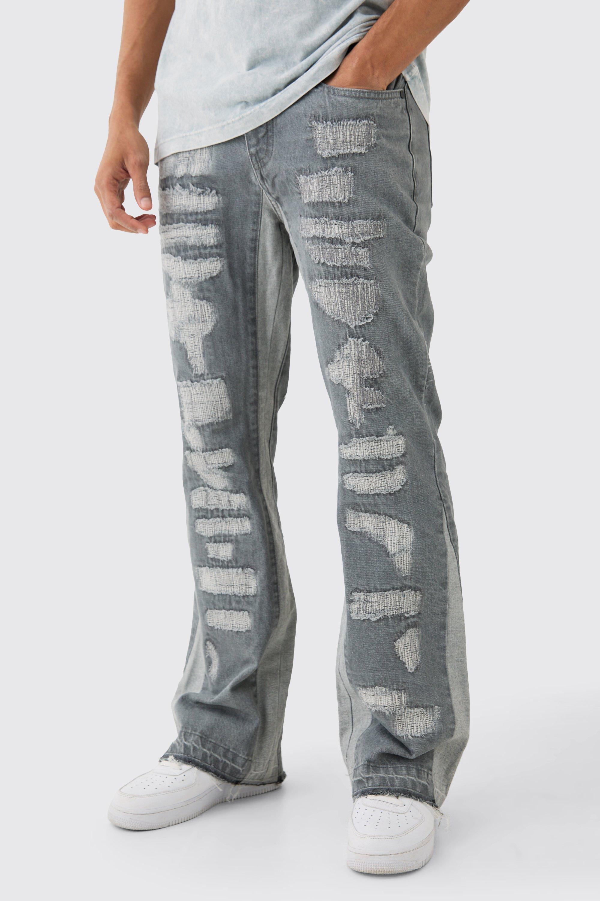 Slim Flare Rigid All Over Rip & Repaired Jeans In Antique Grey | boohooMAN USA Product Image