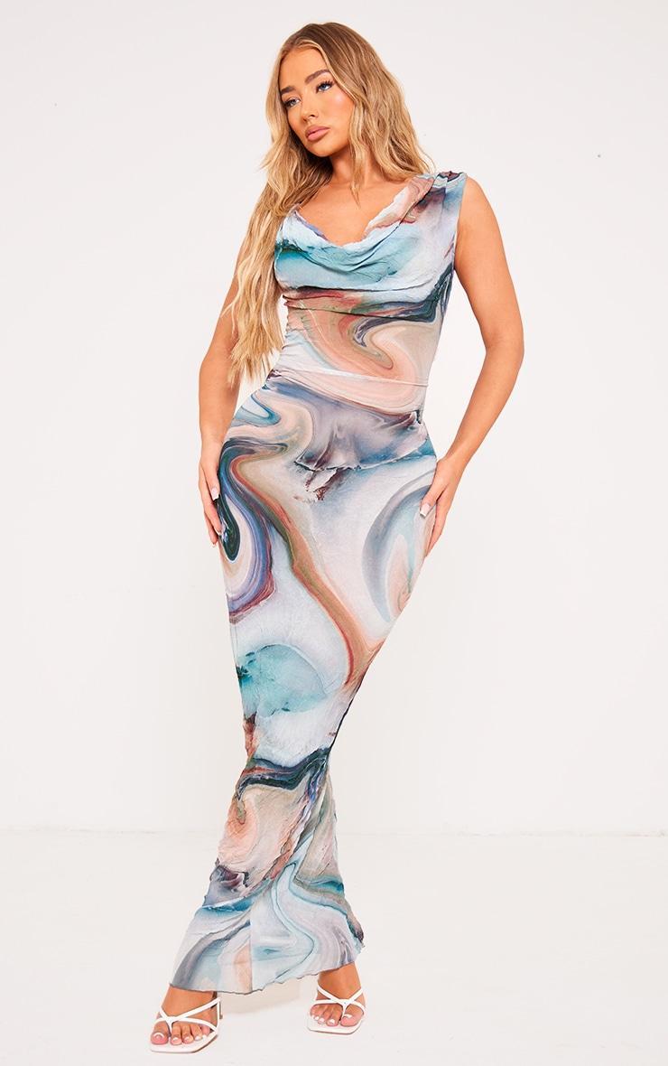 Multi Printed Crinkle Mesh Cowl Neck Midi Dress Product Image