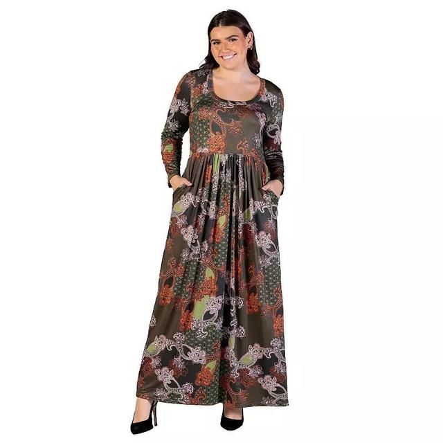 Plus Size 24Seven Comfort Apparel Green Long Sleeve Empire Waist Pocket Maxi Dress, Womens Product Image