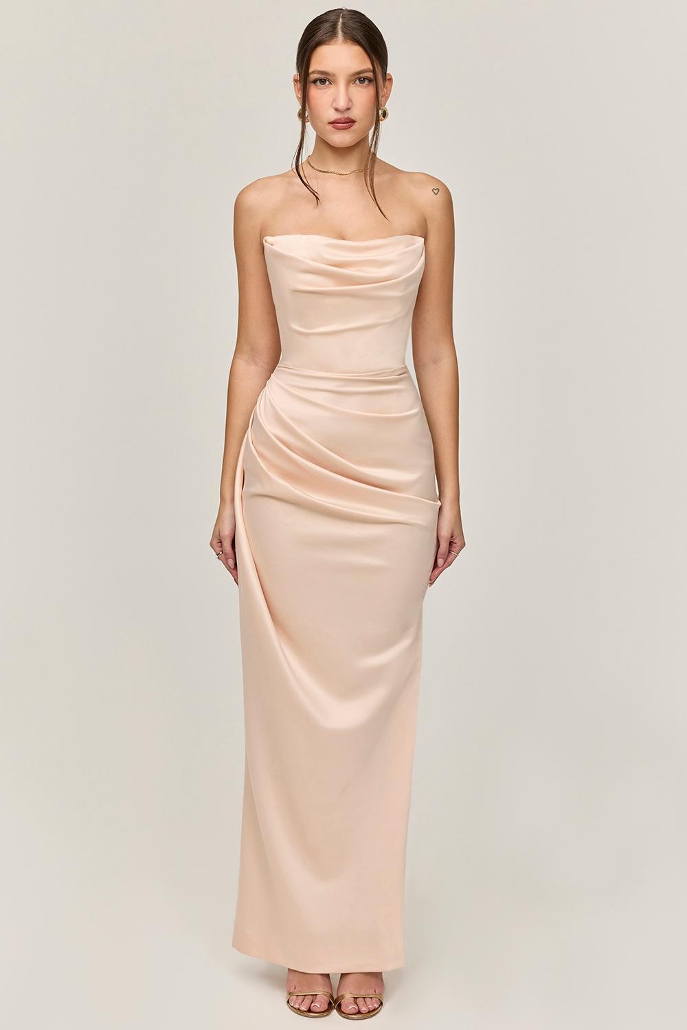 Adrienne Champagne Satin Strapless Gown Product Image