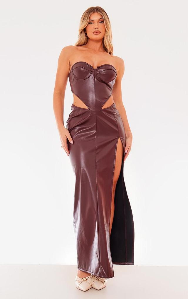 Chocolate Brown Faux Leather Corset Cut Out Bandeau Maxi Dress Product Image