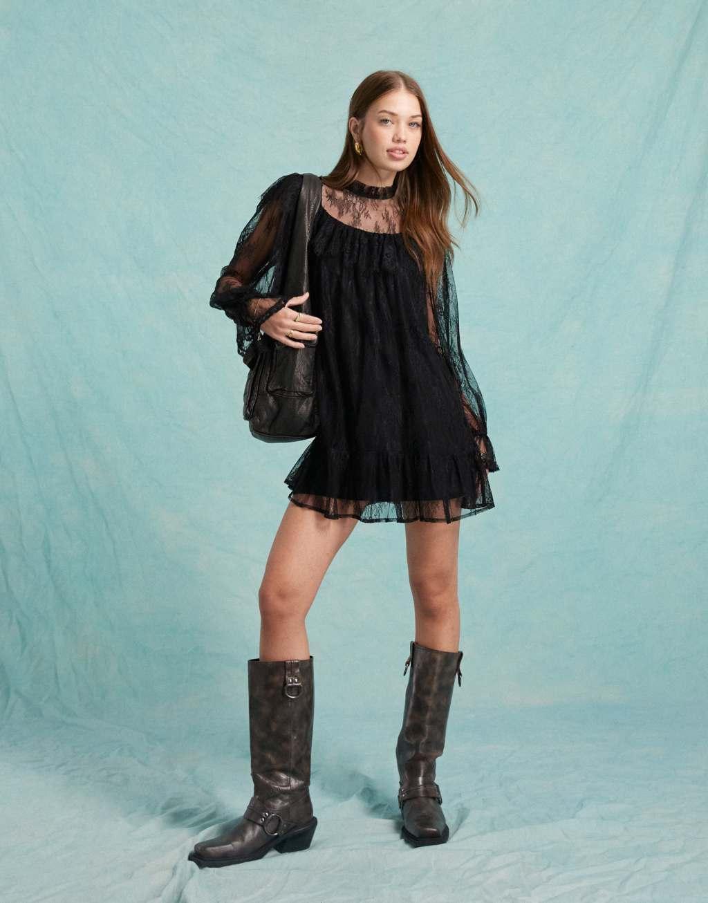 Miss Selfridge lace ruffle smock dress in black Product Image