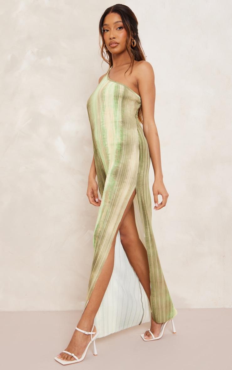 Green Watercolour Plisse One Shoulder Scoop Back Maxi Dress Product Image