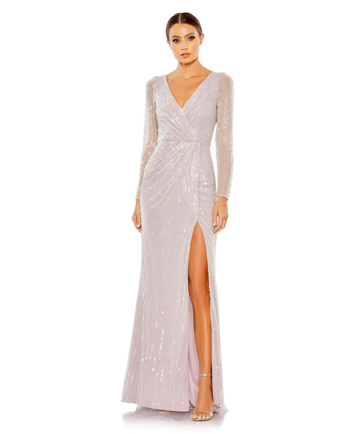 Womens Sequin Surplice Long-Sleeve Gown Product Image