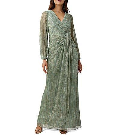 Adrianna Papell Metallic Long Sleeve Mesh Evening Gown Product Image