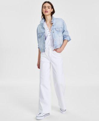 Dkny Jeans Womens Oversized Crop Logo Jacket Lace Up V Neck Short Sleeve T Shirt High Rise Flare Leg Jeans Product Image