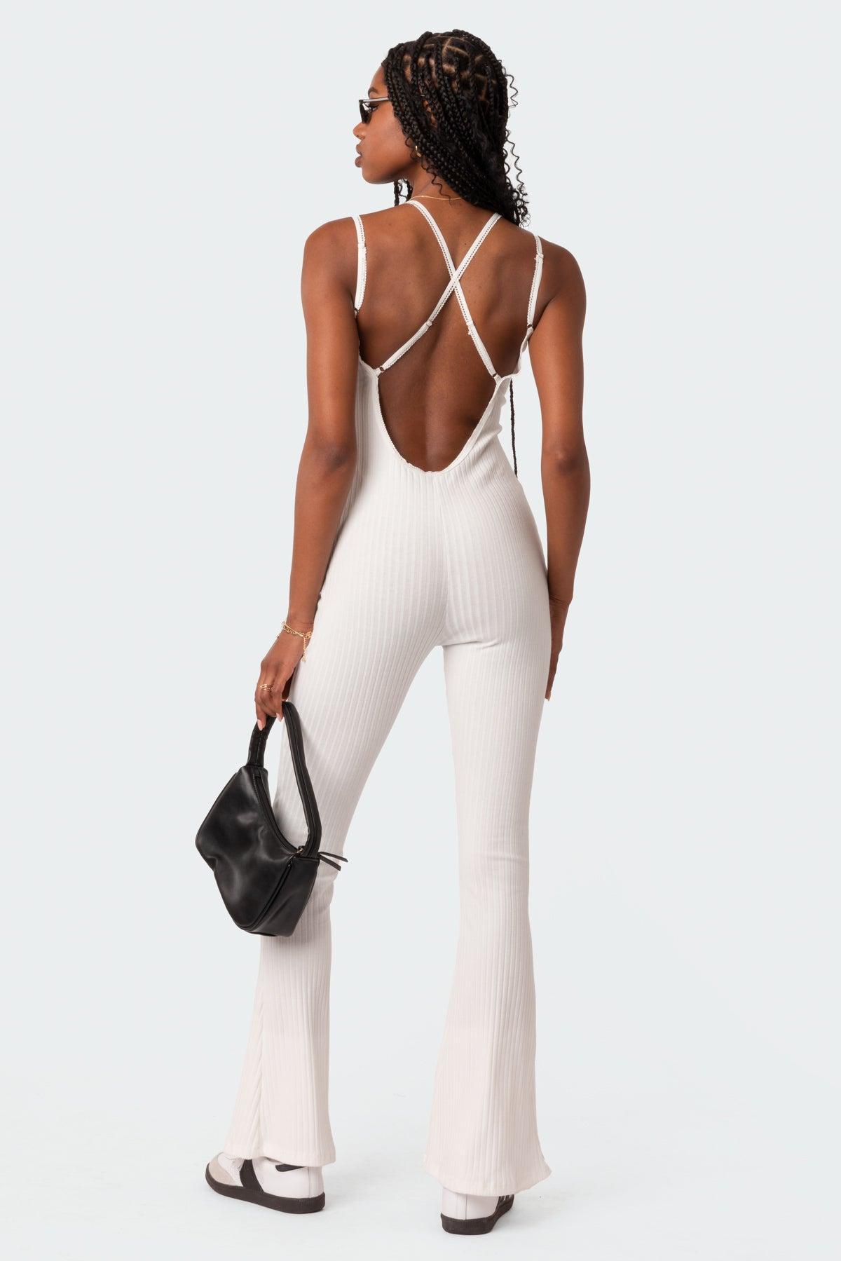 Strappy Ribbed Open Back Flared Jumpsuit Product Image