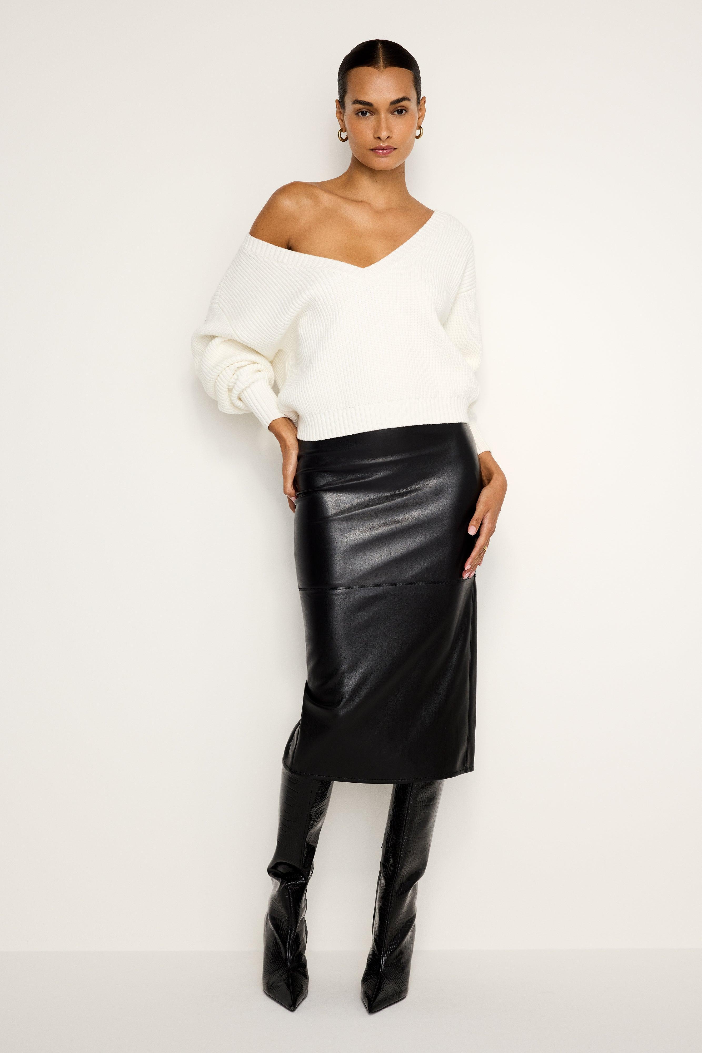 FAUX LEATHER MIDI SKIRT | BLACK001 Product Image