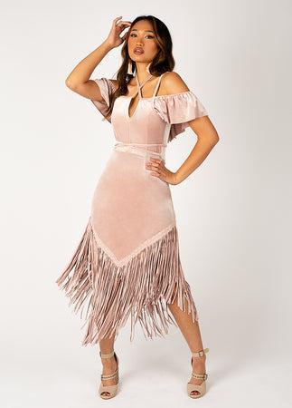 Klara Fringe Dress in Nude Pink Product Image