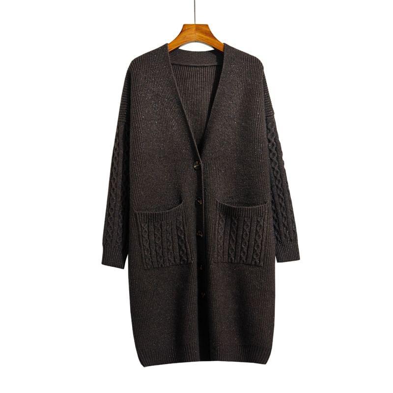 V-Neck Plain Pocketed Long Cable Knitted Cardigan Product Image