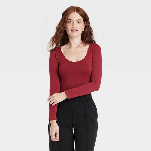 Womens Slim Fit Long Sleeve Scoop Neck Seamless T-Shirt - A New Day Red XL Product Image