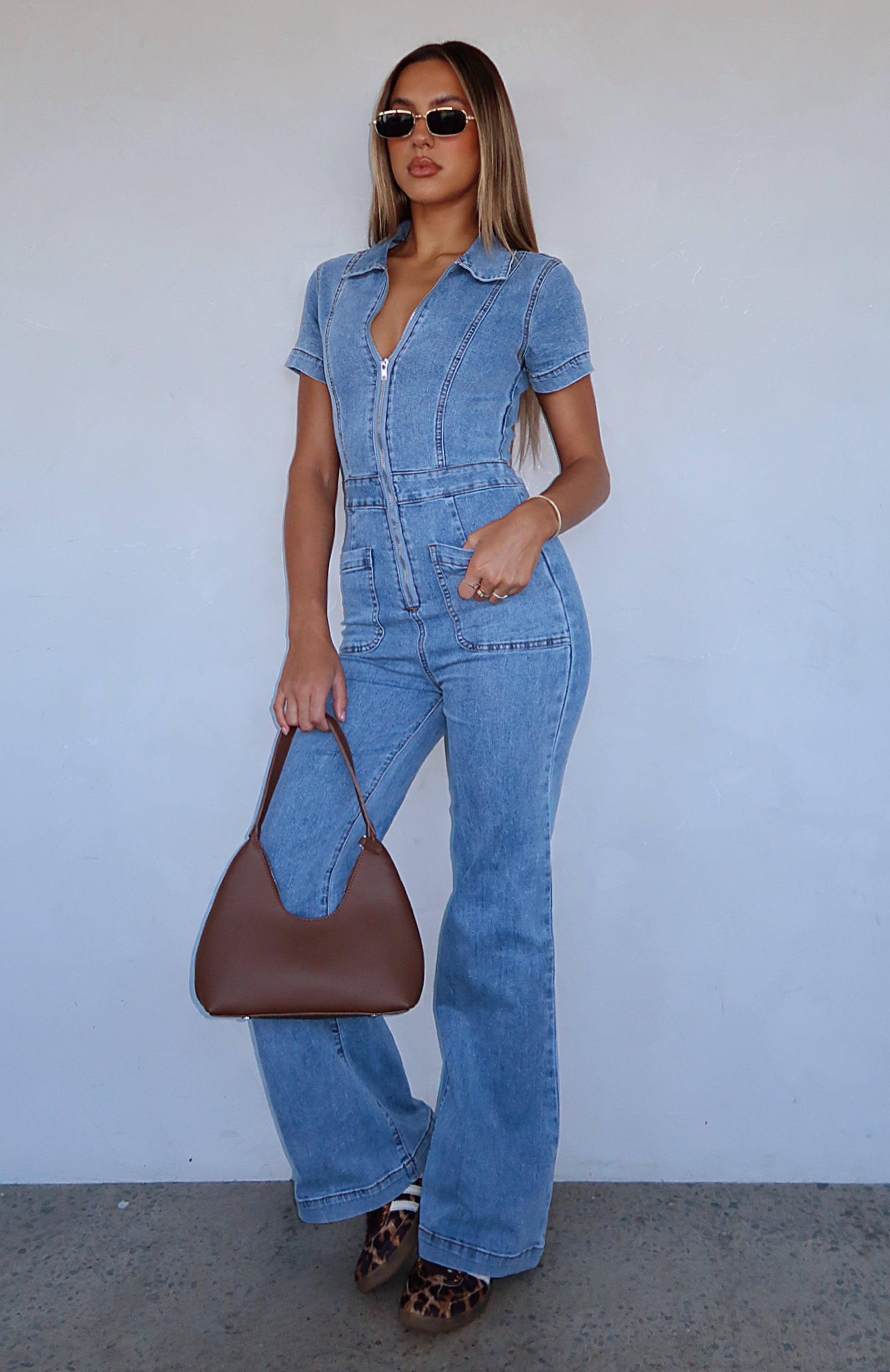 Not About You Denim Jumpsuit Mid Blue Product Image