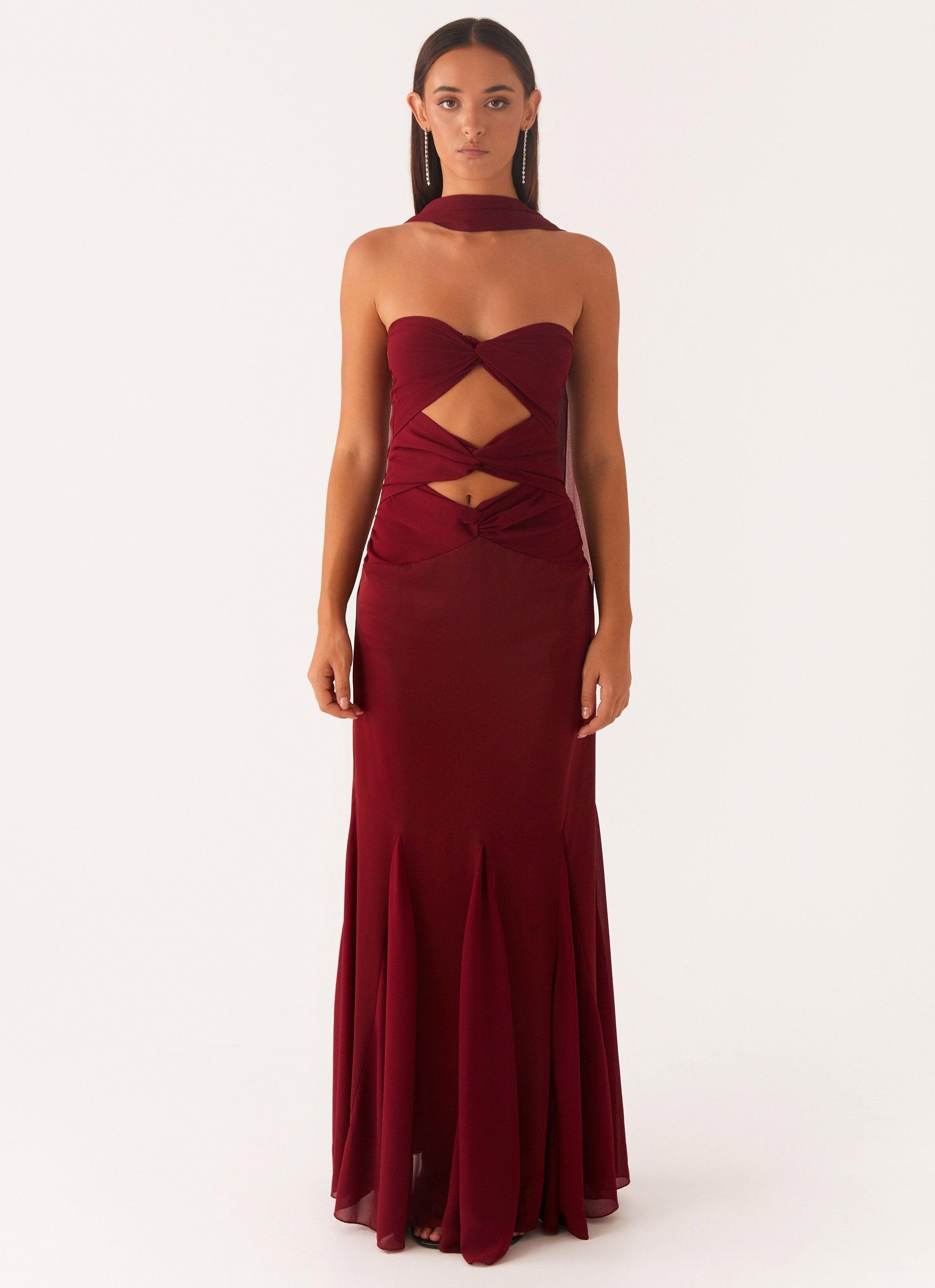 Melrose Satin Chiffon Maxi Dress - Deep Red Product Image