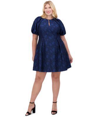 Plus Size Puff-Sleeve Jacquard Fit & Flare Dress Product Image