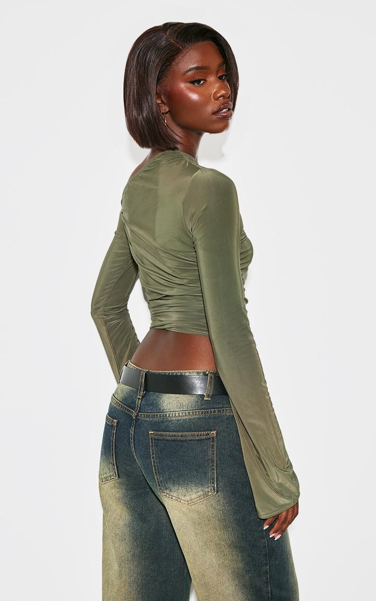 Tall Khaki Slinky Ruched Off The Shoulder Long Sleeve Top Product Image