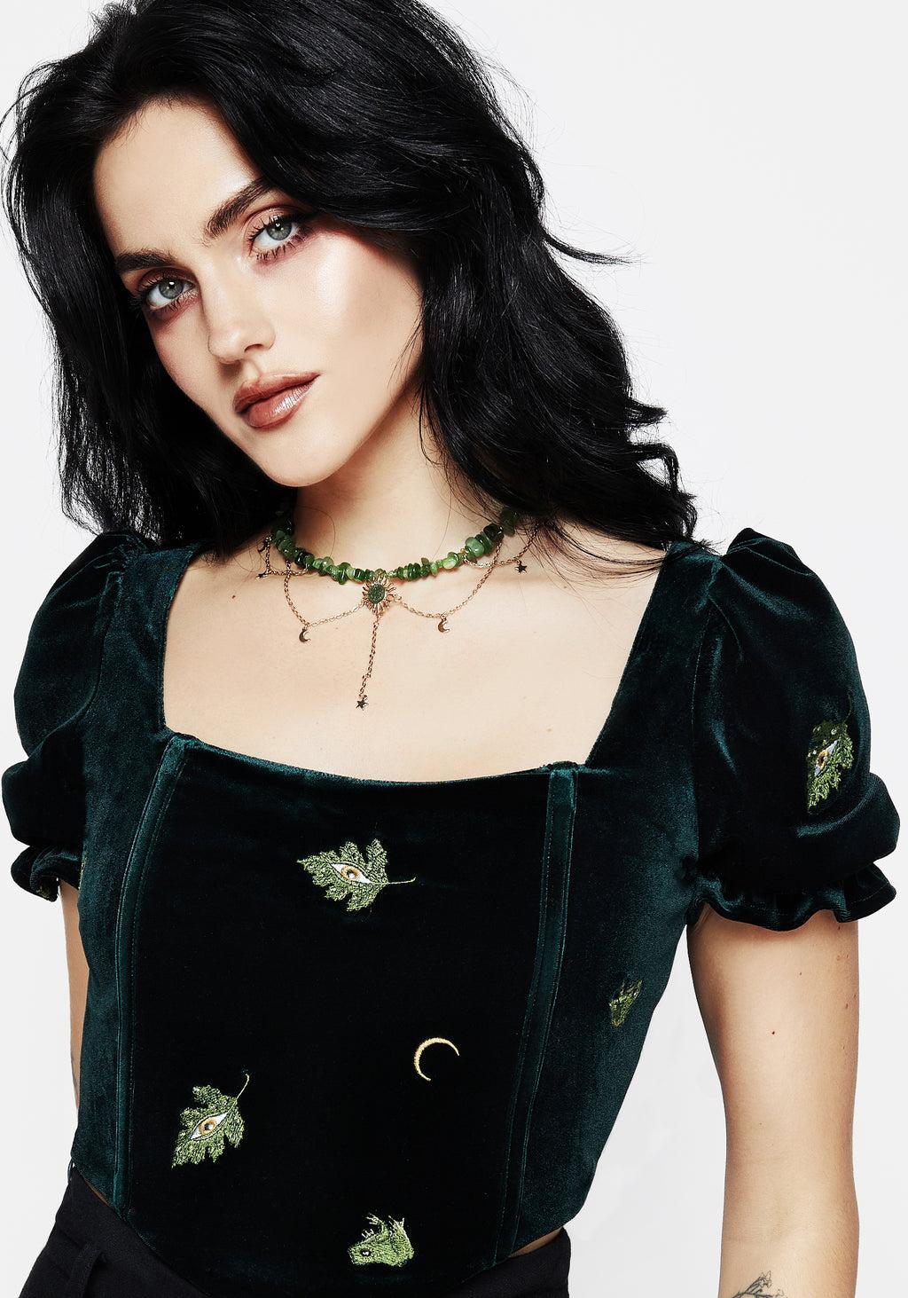 Swamplife Frog Embroidered Velour Puff Sleeve Corset Top Product Image