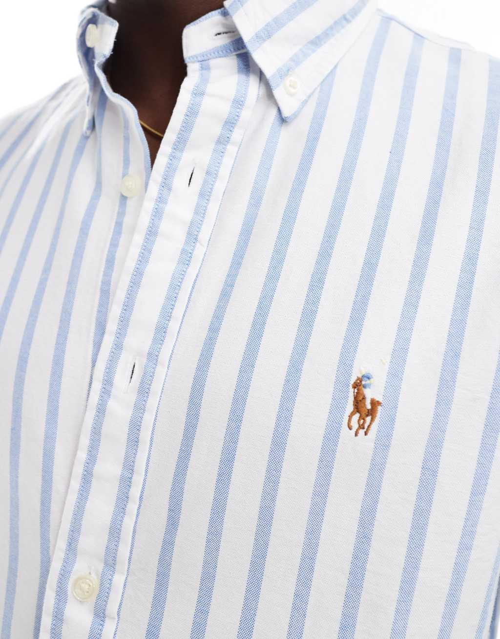 Polo Ralph Lauren icon logo stripe oxford shirt custom fit in white/blue Product Image