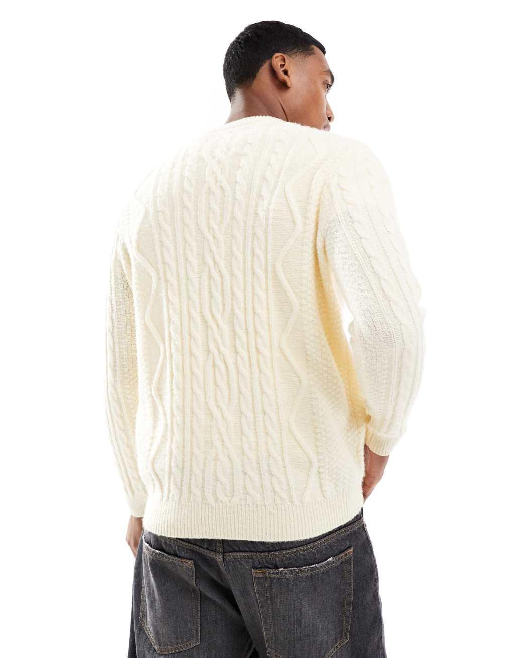 ASOS DESIGN heavyweight cable knit crew neck sweater in cream Product Image