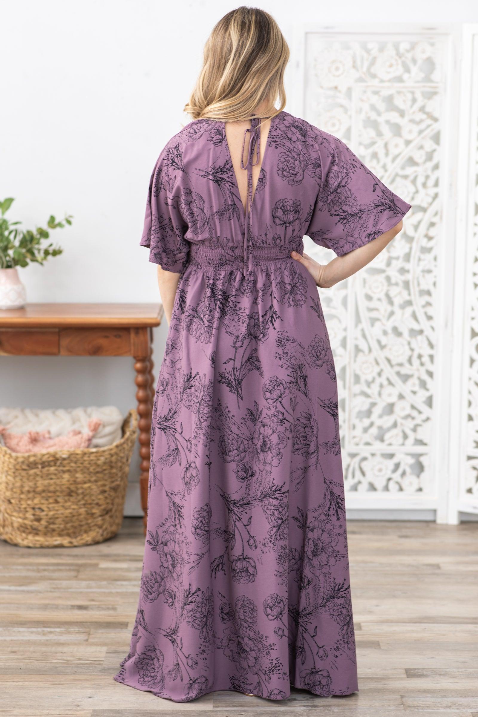 Mauve Blouse Floral Waist Band Maxi Dress Product Image