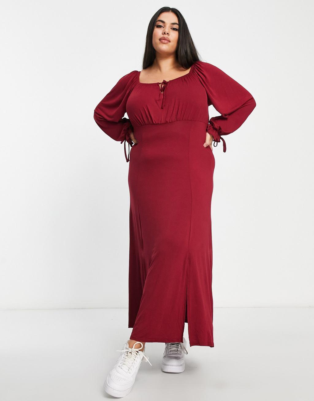 Yours Exclusive milkmaid midi dress in dark red Product Image