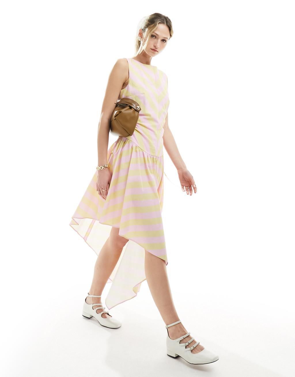 ASOS DESIGN chevron mix stripe cut out dress with asym hem in sherbert chevron product image