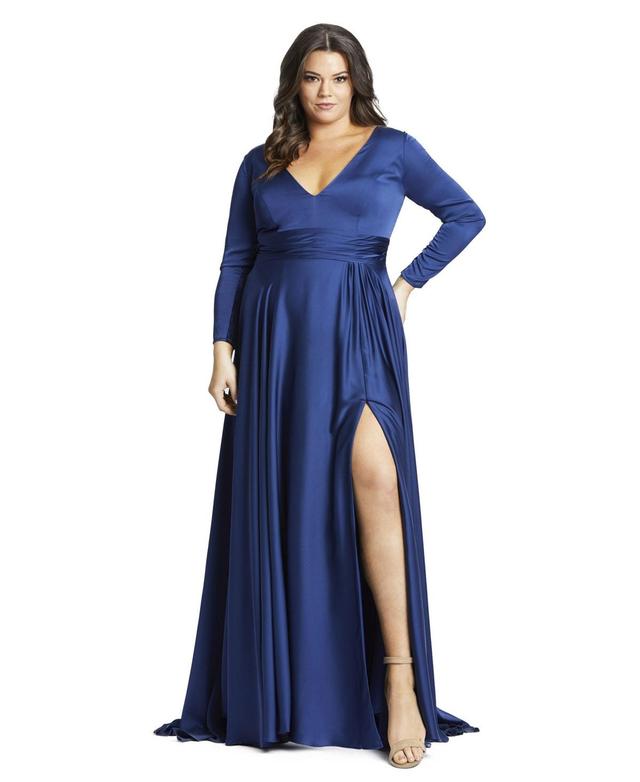 Womens Plus Size Satin Long Sleeve V Neck Draped Gown Product Image