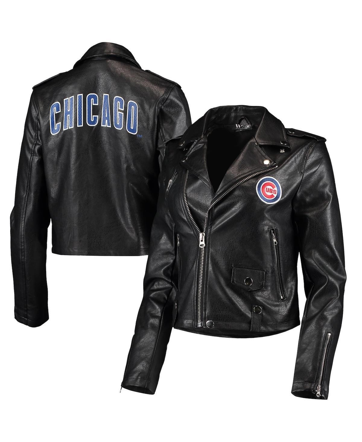 Womens The Wild Collective Black Chicago Cubs Faux Leather Moto Full-Zip Jacket Product Image