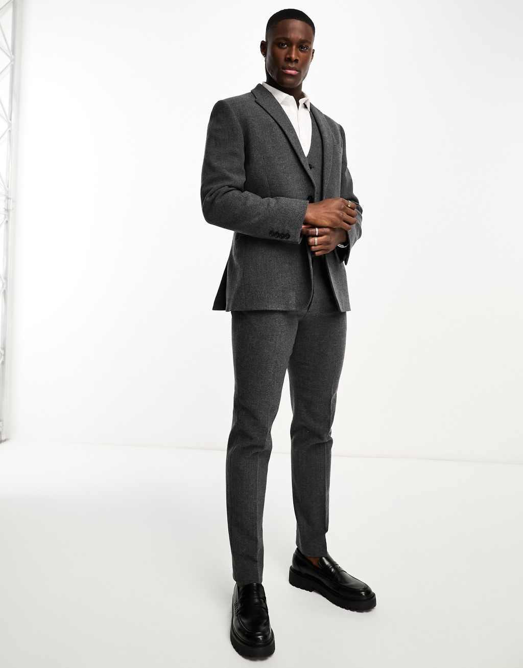 ASOS DESIGN slim wool mix suit jacket in herringbone in charcoal Product Image