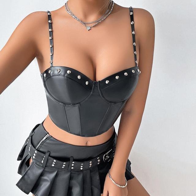 Plain Studded Faux Leather Cropped Bustier Top Product Image