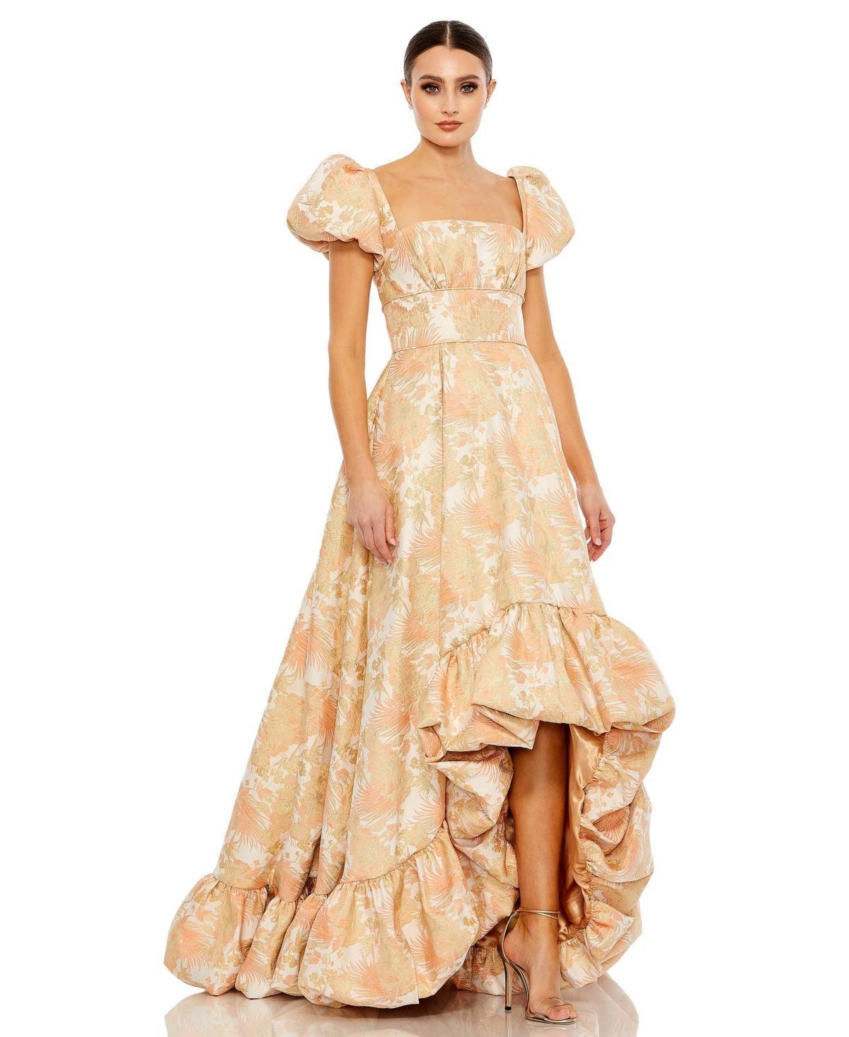 Womens Puff-Sleeve High-Low Brocade Gown Product Image