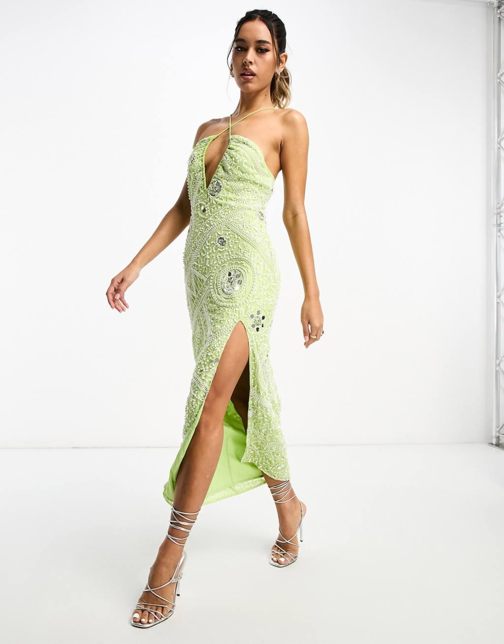 ASOS DESIGN embellished halter midi dress with white beading detail in lime green Product Image