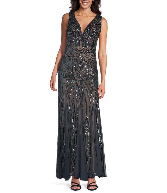 R & M Richards Sleeveless V-Neck Godet Skirt Embellished Long Sequin Dress Product Image