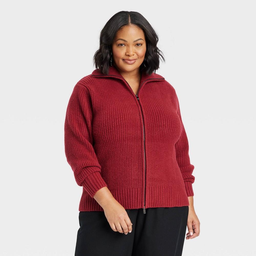 Womens Cozy Knit Double Zip Cardigan - Ava & Viv Burgundy 1X product image