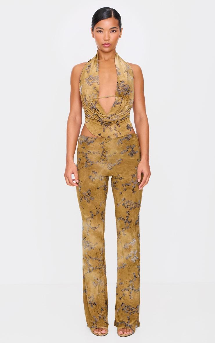 Olive Floral Print Devore Slim Flare Pants Product Image