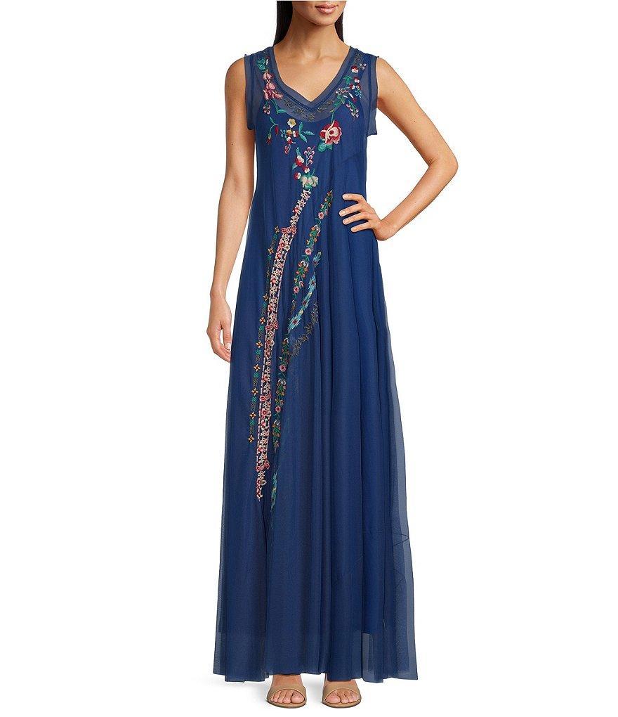 JOHNNY WAS Mazzy Embroidered Mesh V-Neck Sleeveless A-Line Maxi Dress Product Image