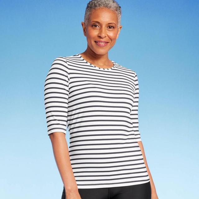 Lands End Womens UPF 50 Striped Crewneck Half Sleeve Rash Guard - Navy Blue/White Product Image