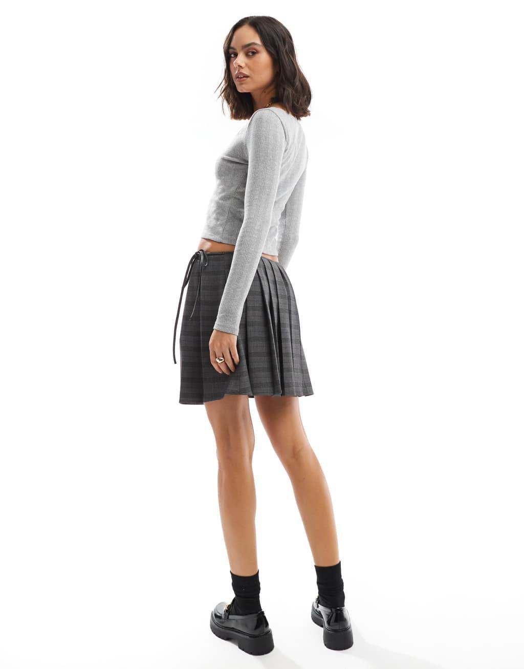 ASOS DESIGN tailored pleated wrap mini skirt in gray check Product Image