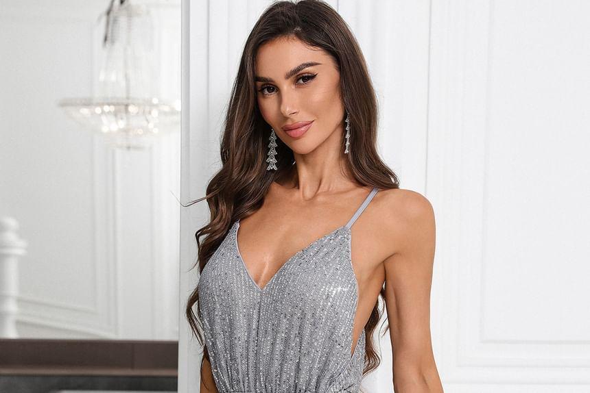 Spaghetti Strap V-Neck Sequin Tie Waist Wide Leg Jumpsuit Product Image