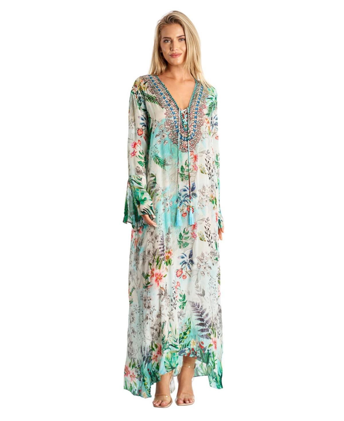 La Moda Clothing Womens Maxi Long Sleeves Kaftan Dress - Light aquamarine Product Image