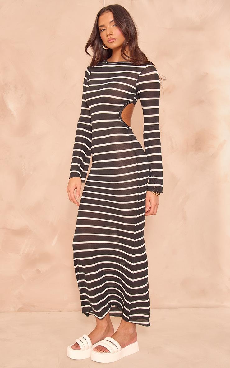 Monochrome Stripe Flare Sleeve Cut Out Back Maxi Dress Product Image