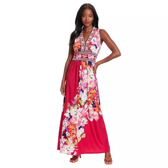 Womens London Times Floral Print Sleeveless V-Neck Flowy Maxi Dress Product Image